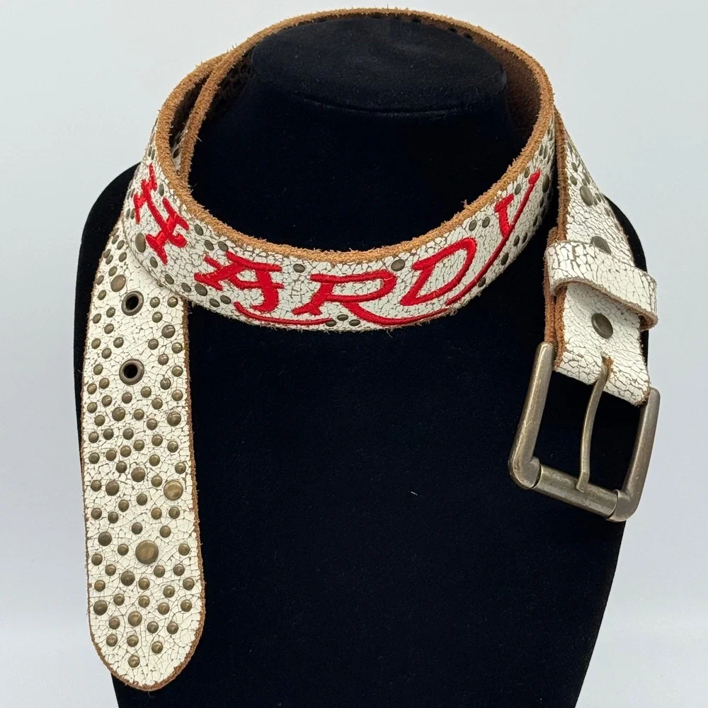 Vintage Ed Hardy Studded Leather Belt White Crackle Red Embroidered 39